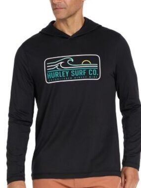 Hurley Black Hoodie Tee with Teal and Yellow Surf Logo medium rashguard